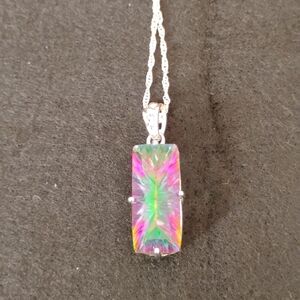 Fancy Cut 1/4 " Mystic Topaz w 925 bezel bail 18" diamond cut twisted 925 chain.